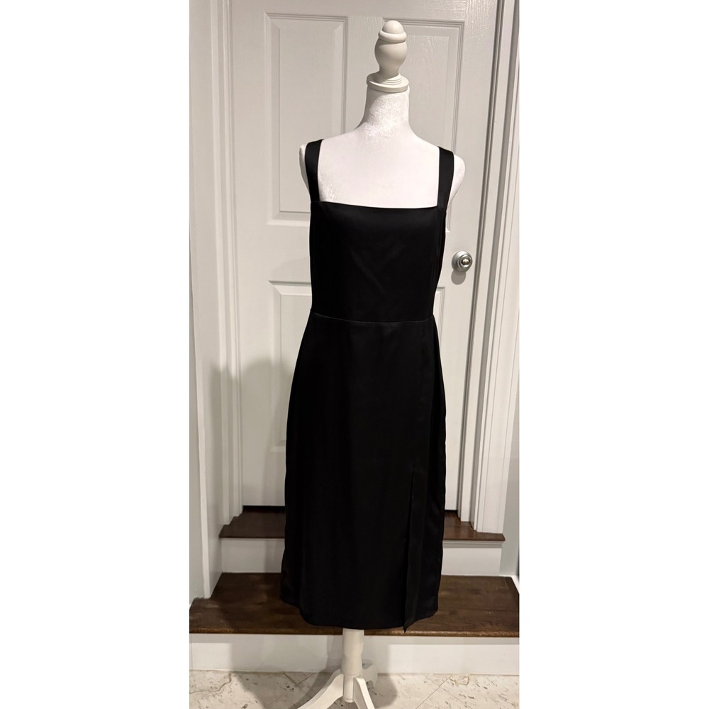 Aritzia Babaton 90s Slit Dress Black Satin Midi Square Neck Womens Size 10